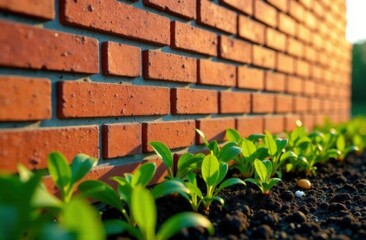 Brick wall background with fresh greenery and rich soil in sunlight
