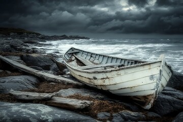 Weathered boat on rocky shore under dark stormy sky