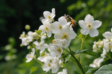 Fototapeta premium Bee pollinating delicate white flowers in summer garden