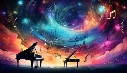 Piano is ready to play and waves of color fill space, its form against radiant glow that surrounds it. Symphony of light and sound. Concept of classical and modern music, entertainment, jazz. Ad. High