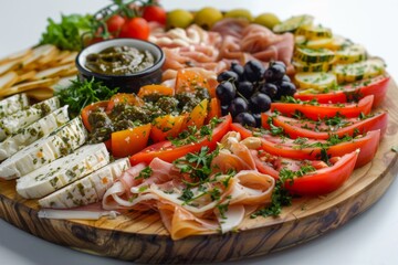 Healthy food for balanced flexitarian Mediterranean diet concept on a wooden platter