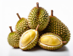 pile of fresh durians on isolated background tropical king of fruits with thorny green shell whole and half cut durian showing creamy yellow flesh exotic southeast asian delicacy aromatic durian f
