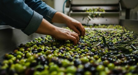Olive sorting process taking place at an olive mill during harvest season