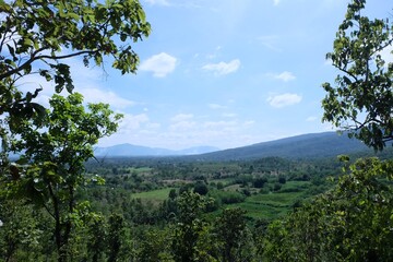 Scenic Landscape View of Green Hills and Blue Sky in Daylight
