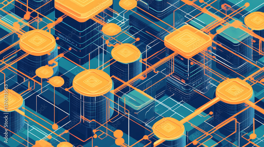 Poster 3d illustration of conducting transactions. blockchain technology. global decentralized database of 