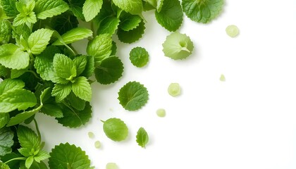 Fresh mint leaves arranged on a bright white surface creates airy aesthetic