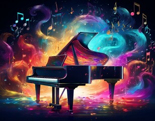 Piano is ready to play and waves of color fill space, its form against radiant glow that surrounds it. Symphony of light and sound. Concept of classical and modern music, entertainment, jazz. Ad. High