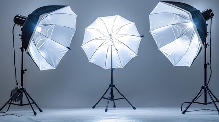 Photo Studio Setup Featuring Strobe Flash Lights with Umbrellas, Ready for a Professional Photoshoot, with Ample Copy Space for Creative Designs