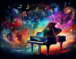 Piano is ready to play and waves of color fill space, its form against radiant glow that surrounds it. Symphony of light and sound. Concept of classical and modern music, entertainment, jazz. Ad. High
