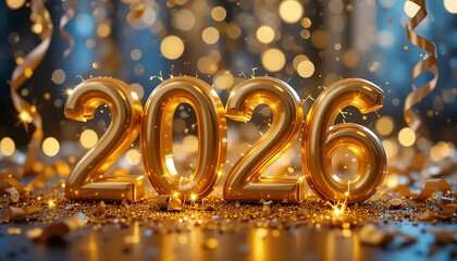 Obraz premium Glittering gold figures showcasing the approaching year, 2026 on festive setting