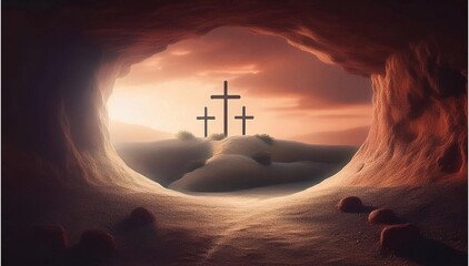 The concept of Easter Sunday, the cross of the crucifixion of Jesus Christ, the concept of the Christian faith. The tomb is empty with a cross in the background of the dawn Resurrection of Jesus