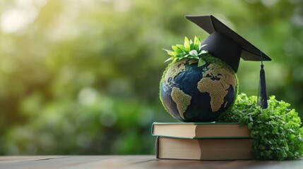 Eco education concept, sustainable learning for a greener planet, earth model with graduation cap, plant growth, environmental education, books, knowledge, and nature