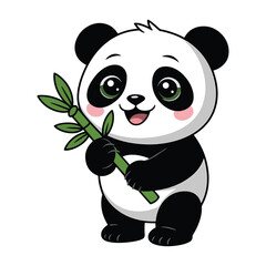Obraz premium Cute Cartoon Panda Holding Bamboo with Big Eyes and Smiling for Kids