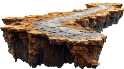 3D desert road floating in the air, showing a cut-through of the terrain beneath. The highway has slight wear, with dust and sand settling along the edges. Isolated on white background, PNG.