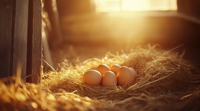 Fresh organic eggs laid by a healthy hen in a cozy straw nest, illuminated by warm natural sunlight in a rustic barn, promoting sustainable egg farming, quality production, and natural protein sources
