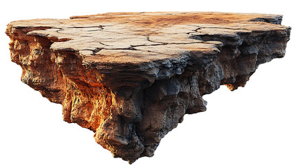 3D illustration of a floating desert road with a cut-out section of dry, cracked ground, hovering in the air. The edges of the land piece are rugged and uneven. Isolated on white background, PNG.