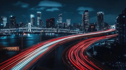 Obraz premium Metropolitan highway panorama with streaks of light illuminating dynamic city