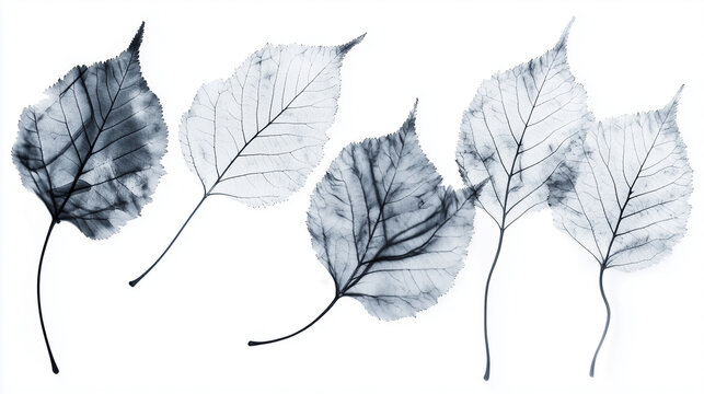 Skeletal birch leaves collection in x-ray style