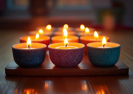 Colorful candles burning on wood. - Powered by Adobe