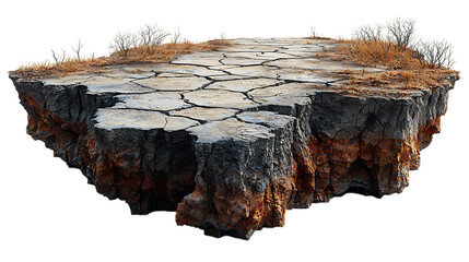 3D illustration of a floating desert road with a cut-out section of dry, cracked ground, hovering in the air. The edges of the land piece are rugged and uneven. Isolated on white background, PNG.