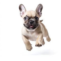 A light brown french bulldog puppy leaping in the air against a plain white background in a studio shot