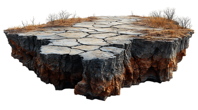 3D illustration of a floating desert road with a cut-out section of dry, cracked ground, hovering in the air. The edges of the land piece are rugged and uneven. Isolated on white background, PNG.
