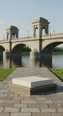 Elegant product podium scene featuring a grand bridge over a serene river
