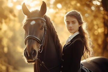 Obraz premium Young caucasian female equestrian with horse in autumn sunlight
