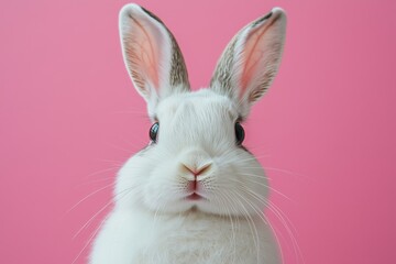 Obraz premium White rabbit posing against a pink background 