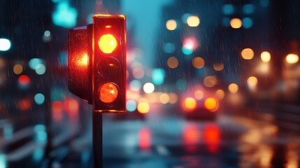 Rainy night city street scene with a red traffic light in focus and blurred city lights and traffic in the background.