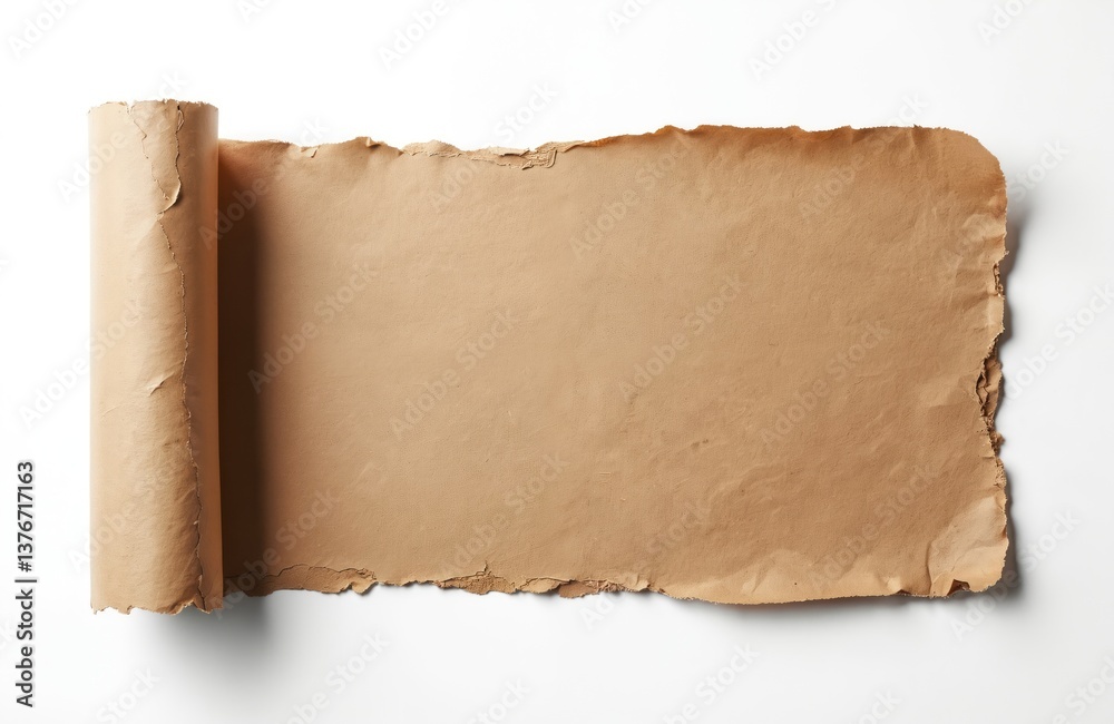 Poster Ripped brown paper on white backdrop. Textured, torn paper scroll with rough jagged edges. Vintage scroll design background, parchment, blank space for text message. Old scroll isolated on white.