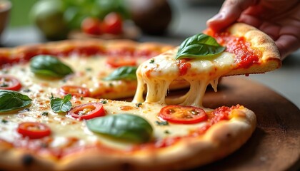 Close-up of Margherita pizza. Hand pulls slice showing melted cheese. Tomatoes basil toppings. Italian cuisine food. Delicious baked meal. Pizza ready eat. Food photography.