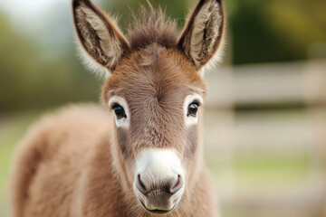 Obraz premium Portrait of a cute donkey foal looking at the camera in a field
