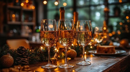 Celebratory moment captured with sparkling wines in elegant glasses, surrounded by festive decorations, twinkling lights, and a cozy setting