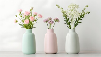 Modern vases filled with delicate flowers and plants create serene and stylish atmosphere. soft pastel colors and minimalist design evoke sense of tranquility and elegance 

