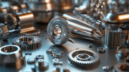 Aerospace and rocket parts, along with gears made of titanium and steel.