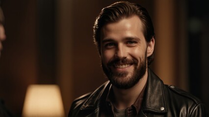 Obraz premium Confident Bearded Man in Leather Jacket