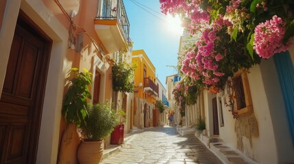 Obraz premium Amazing narrow streets of popular destination on Crete island. Sunny morning in Greece. Traditional architecture and colors of mediterranean city. Place for romantic vacation and summer travel