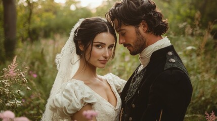 A romantic outdoor wedding portrait of a couple embracing, surrounded by lush greenery and vibrant flowers in soft evening light