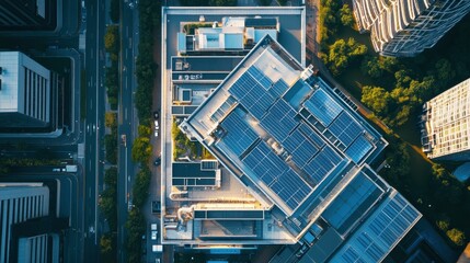Fototapeta premium An aerial view of a modern industrial building with solar panels on the roof.