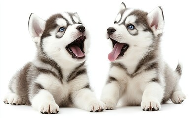 Fototapeta premium A studio shot of two charming Siberian Husky puppies, a boy and a girl, with white and gray fur and piercing blue eyes. They are seen resting, playing, and posing, appearing as tiny, well-cared-for