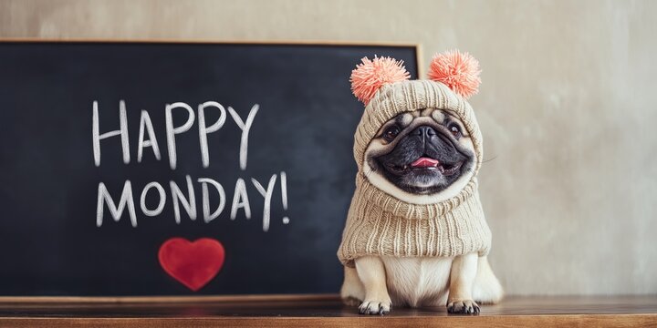 A pug wearing a beige knit hat with pom-poms sits on a wooden surface in front of a dark gray chalkboard with the words HAPPY MONDAY!