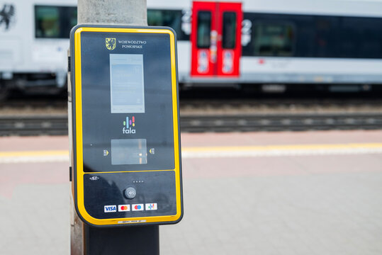 March 30, 2025, Gdansk Poland, transport balletomat Fala device for purchasing tickets and paying for travel in public transport