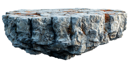 A floating rock island with a road running across it, jagged edges with rocky texture, appearing to be suspended in mid-air, , isolated on transparent background.