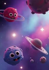 Naklejka premium Colorful cartoon planets and moons in a whimsical outer space scene