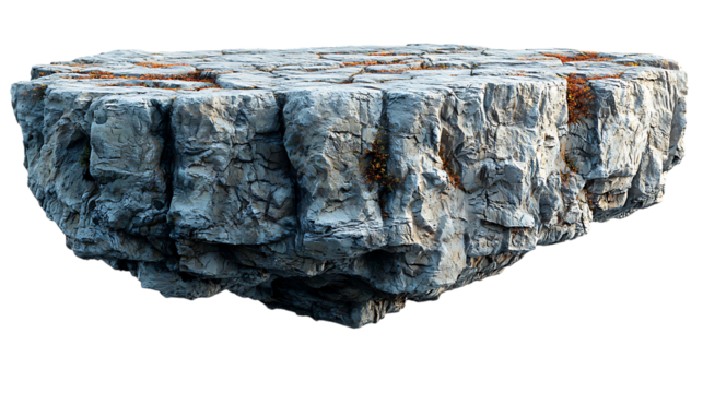 A floating rock island with a road running across it, jagged edges with rocky texture, appearing to be suspended in mid-air, , isolated on transparent background.