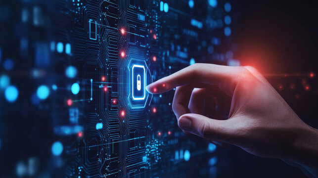 Blockchain in global digital network, quantum computer, nanotechnological circuit, high-tech processor and cybertechnology. 3D illustration of nanostructured data blocks in a secure server