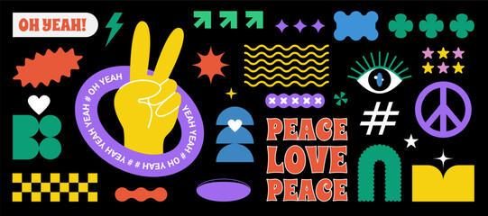 Retro funky abstract design with geometric shapes. Colorful 90s aesthetics, peace sign, squiggles, stars, and wavy lines. Playful modern vector set