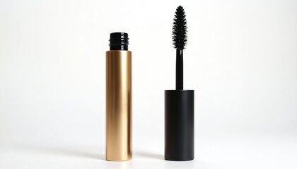 Cosmetic products on white background. Black mascara tube with brush, gold mascara bottle. Beauty treatment tools, eye makeup product, for lashes. Makeup for women beauty salon, skincare.