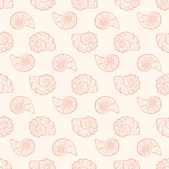 Hand-drawn seashells seamless pattern. Sea creatures. Designed for wrapping paper, packaging, fabric, and textiles. Vector illustration.